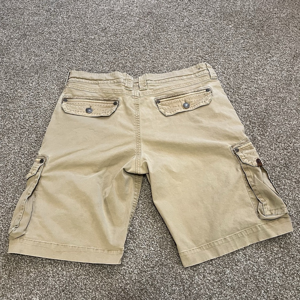 Affliction Buckle Mens Khaki Cargo Shorts Sz 40 Camo Trim Utility Y2K Grunge - Picture 2 of 8